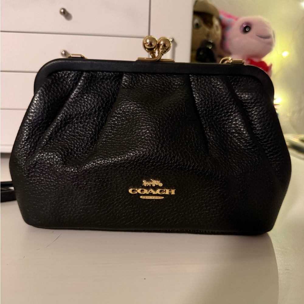 Coach Black Leather Kiss Lock Clutch with Gold Accents